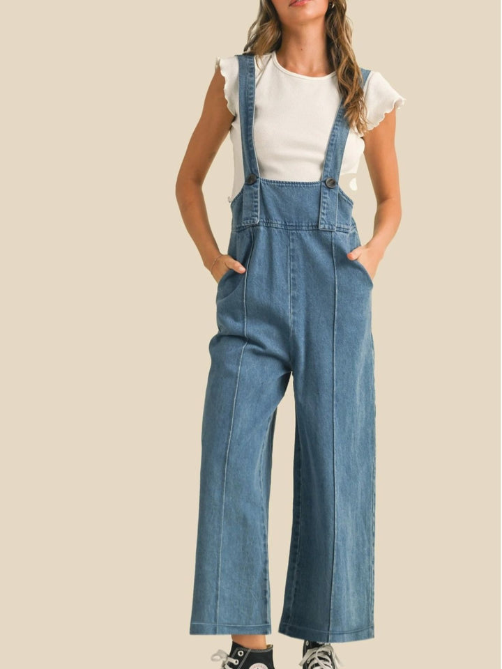 Vintage wide-leg cropped denim overalls with pockets