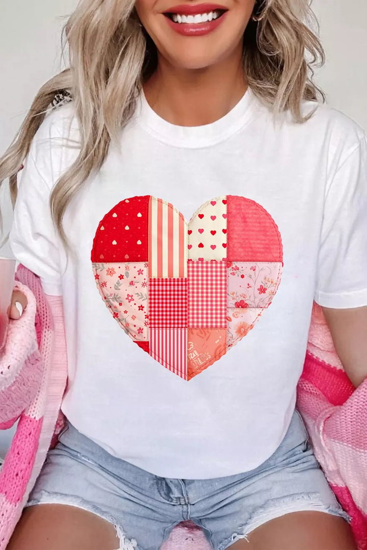 Patchwork heart graphic crew neck short sleeve tee