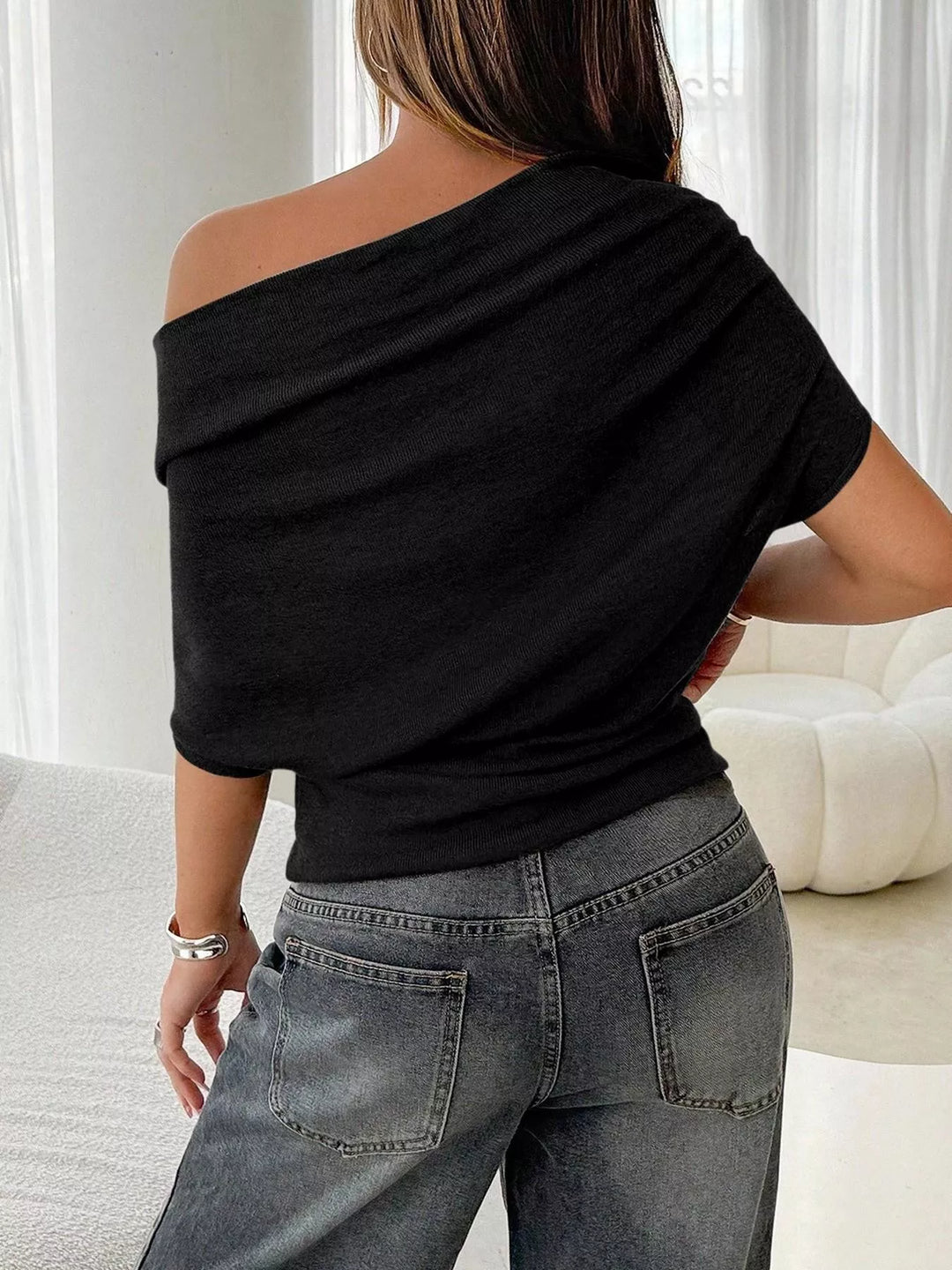 Off-shoulder ruched ribbed knit short-sleeve top