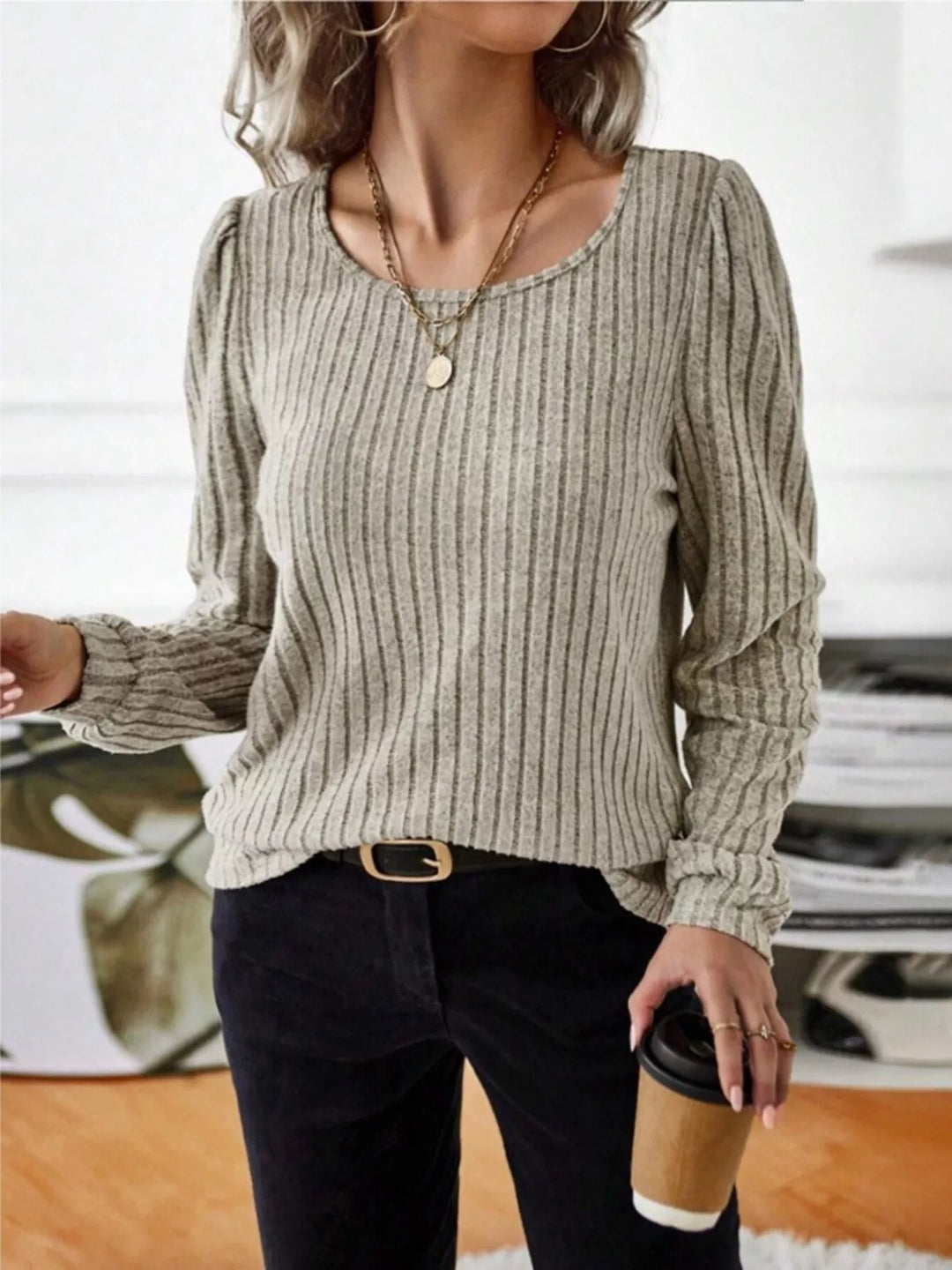 Ribbed knit scoop neck long sleeve top