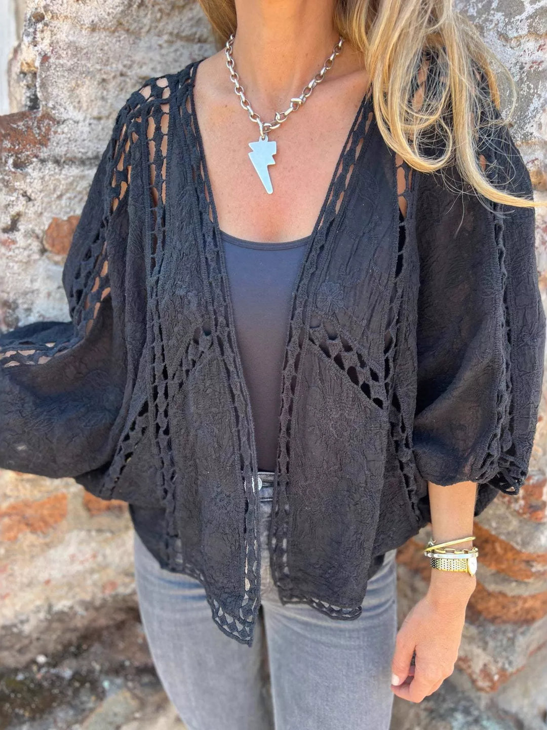 Embroidered floral lace open-front cardigan with crochet trim