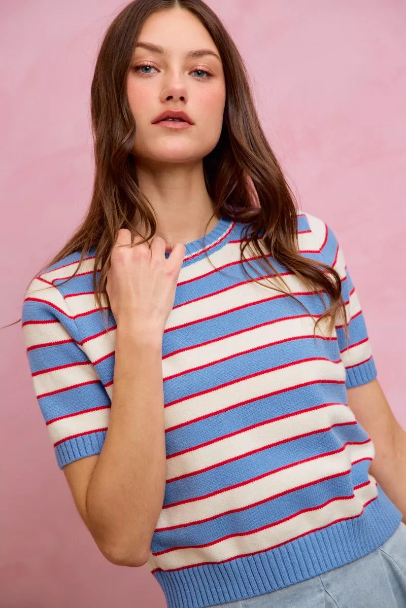 Striped ribbed knit short sleeve crew neck sweater top