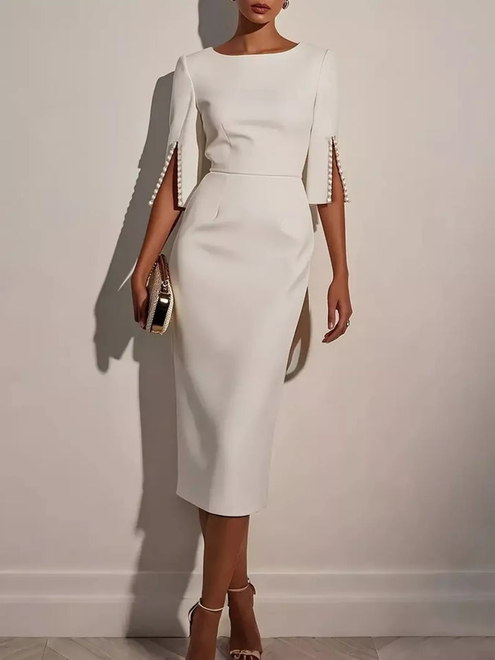 White Pearl-trim split-sleeve sheath midi dress