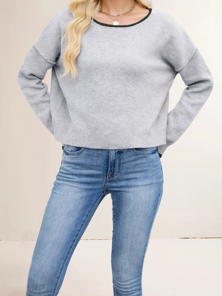 Grey Contrast trim drop shoulder knit sweater with ribbed hem