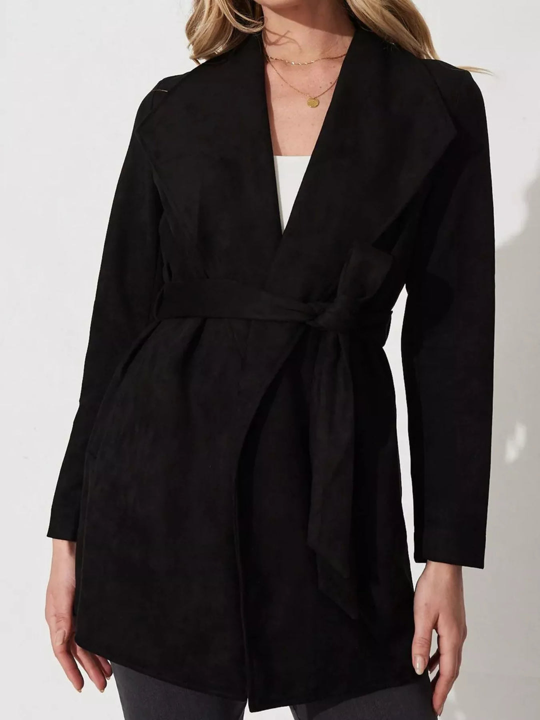 Black Faux suede waterfall collar jacket with tie belt