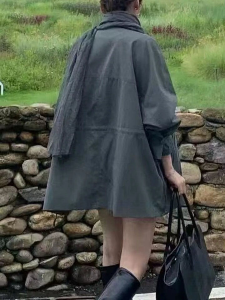 Open front drawstring waist trench coat with notched lapel