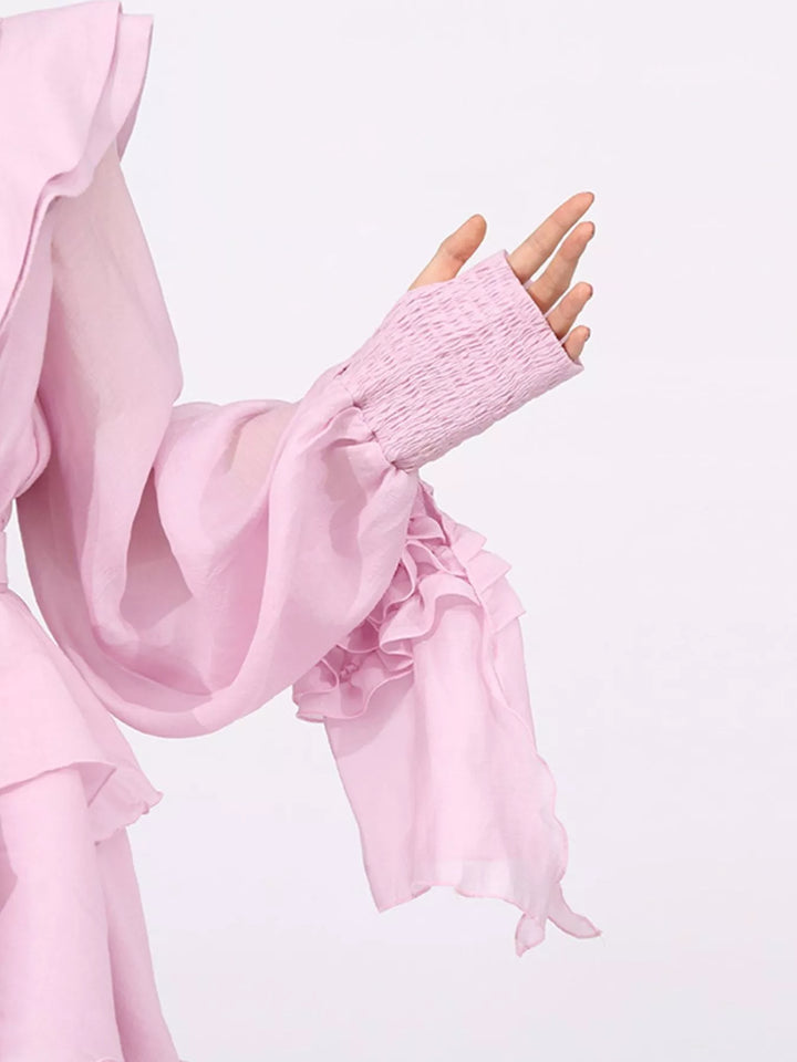 Tiered ruffle chiffon mini dress with puff sleeves