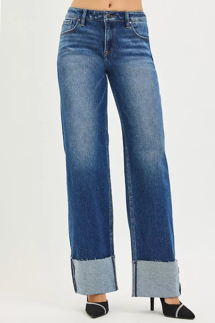 Mid-rise wide straight jeans with cuffed raw hem