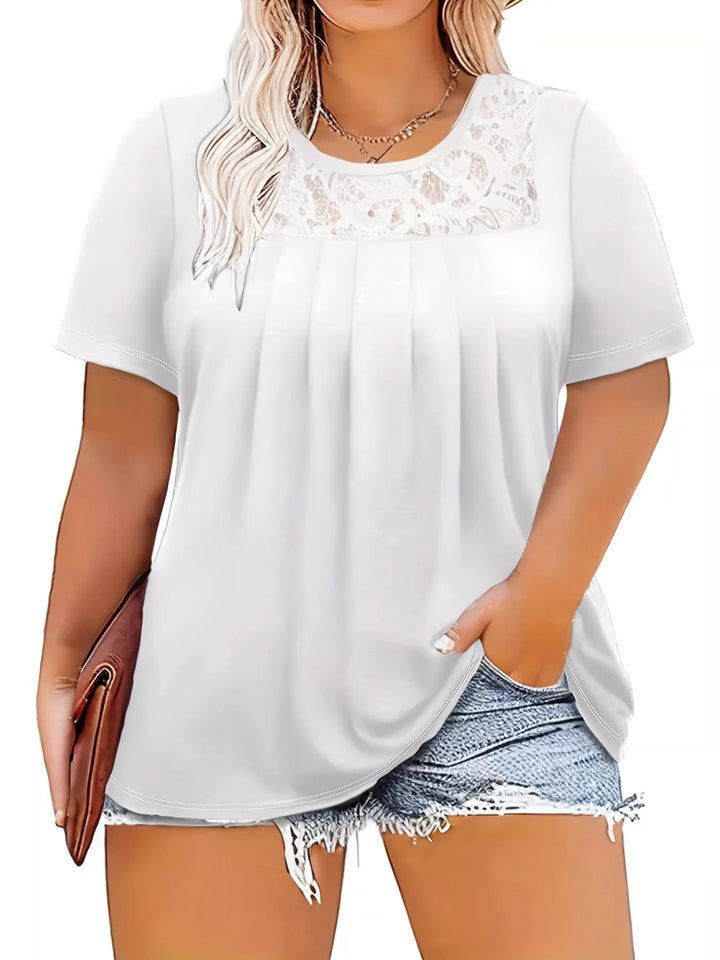 White Plus size pleated lace yoke short sleeve top