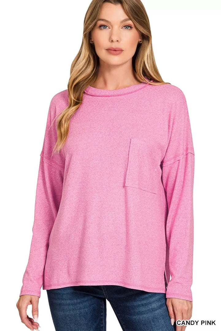 CANDY PINK Oversized melange knit long sleeve top with chest pocket