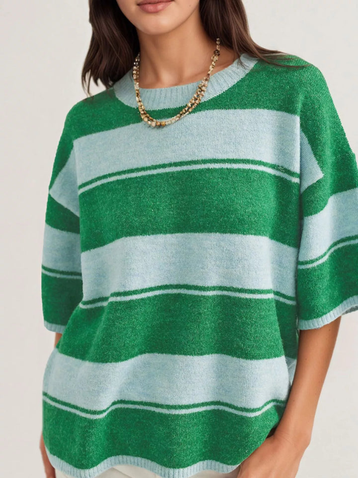 Green Striped short sleeve knit sweater with ribbed trim