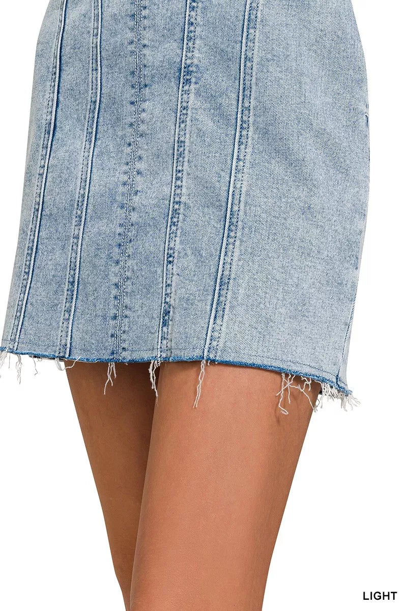 Exposed seam spaghetti strap denim mini dress with raw hem