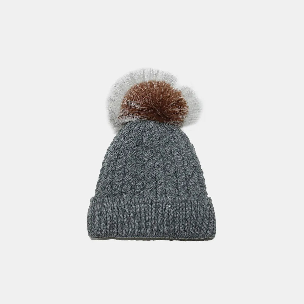 Dark Gray Braided cable knit pompom beanie with fold-over cuff