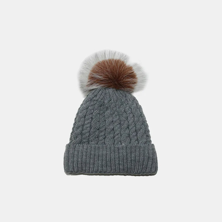 Dark Gray Braided cable knit pompom beanie with fold-over cuff