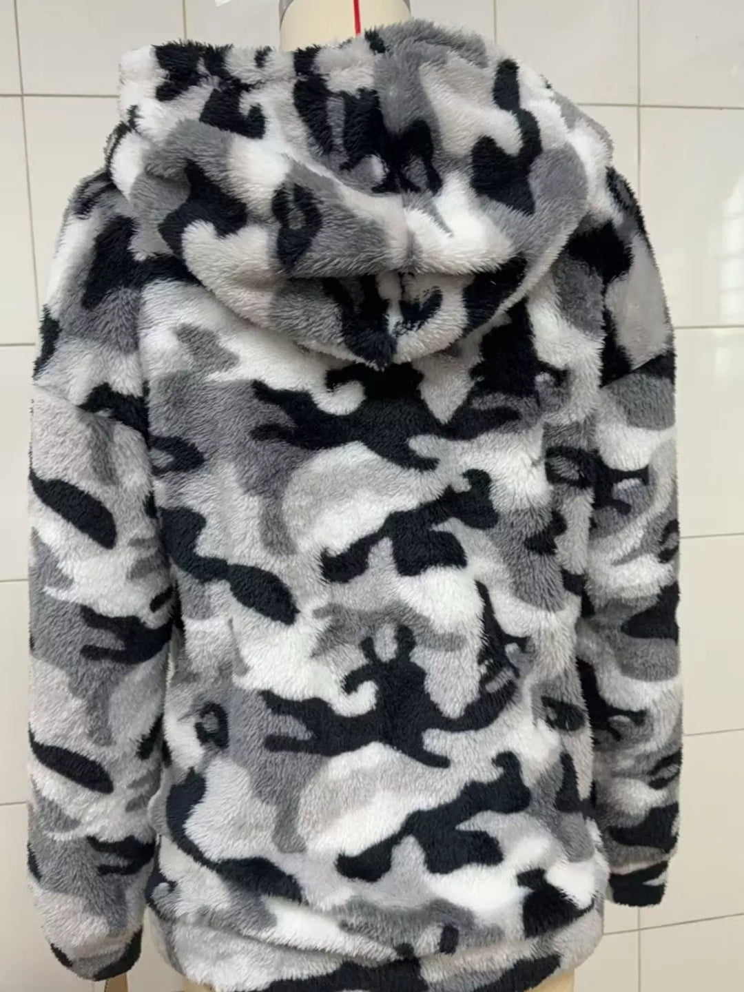 Cropped fuzzy camo zip-up fleece hoodie jacket