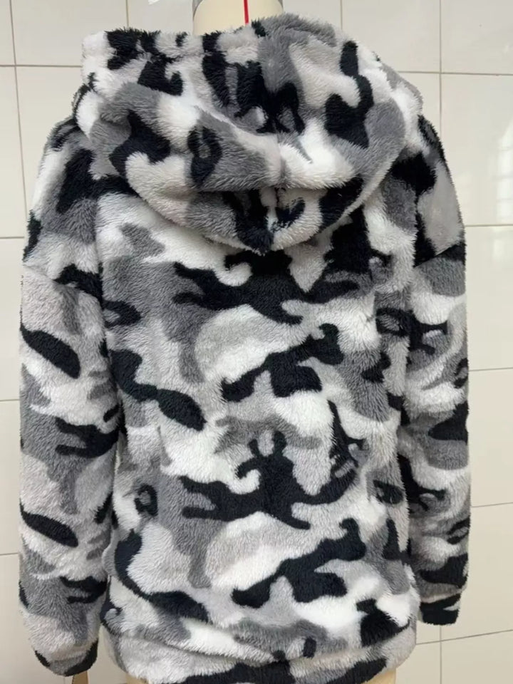 Cropped fuzzy camo zip-up fleece hoodie jacket