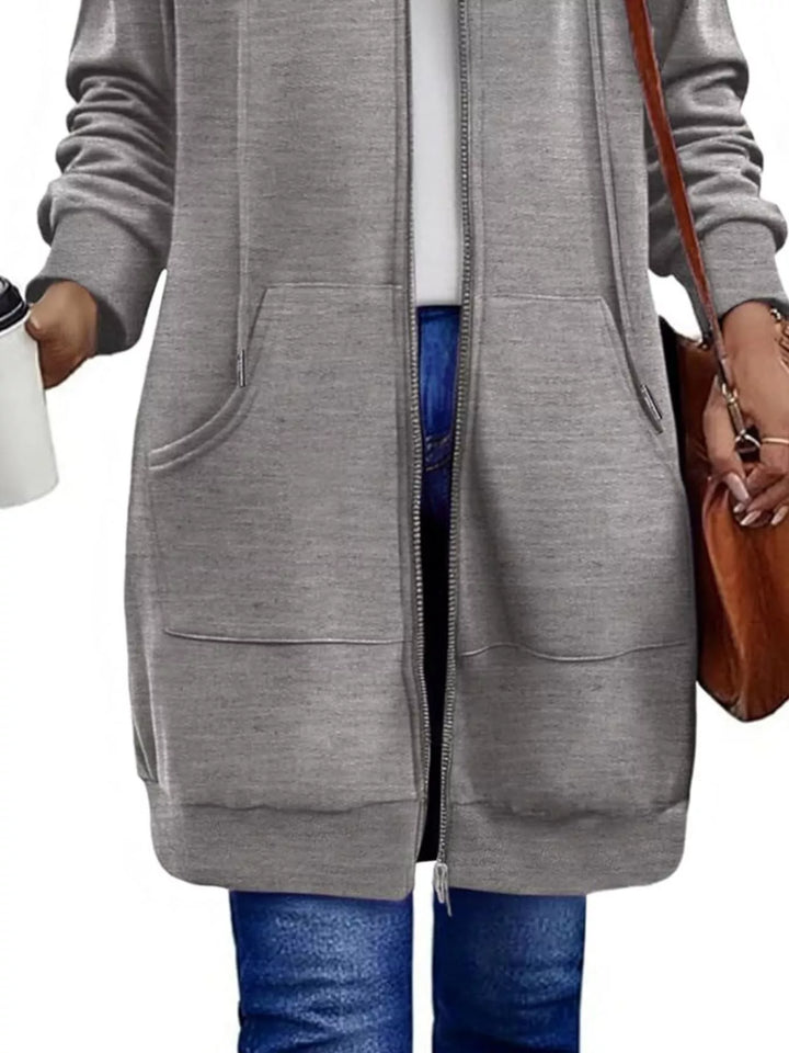 Longline zip-up hoodie with drawstring hood and side pockets