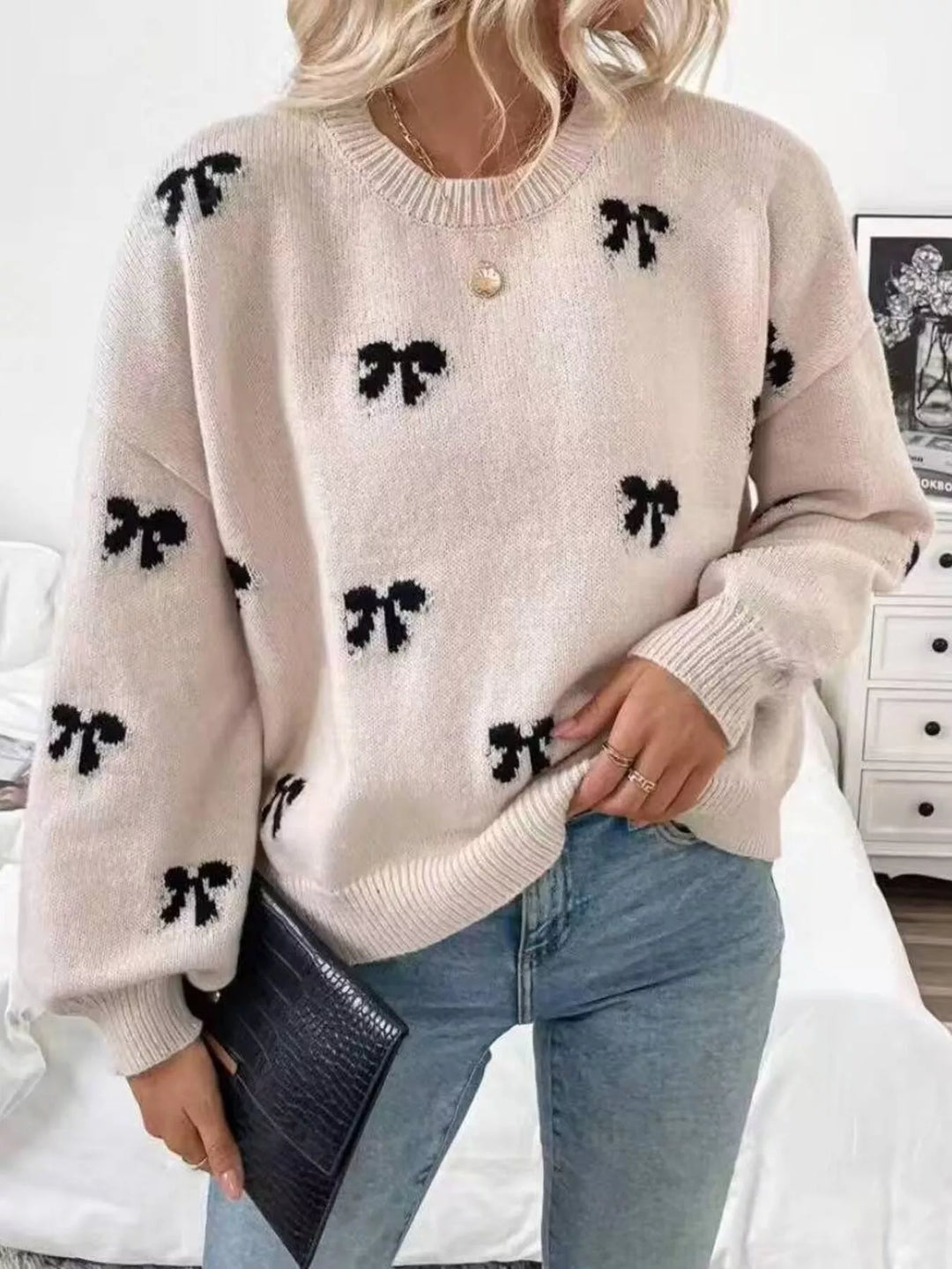 Khaki Color Bow print drop shoulder crew neck sweater