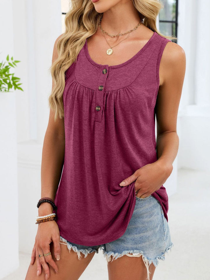 Ruched button-front sleeveless round neck tank top