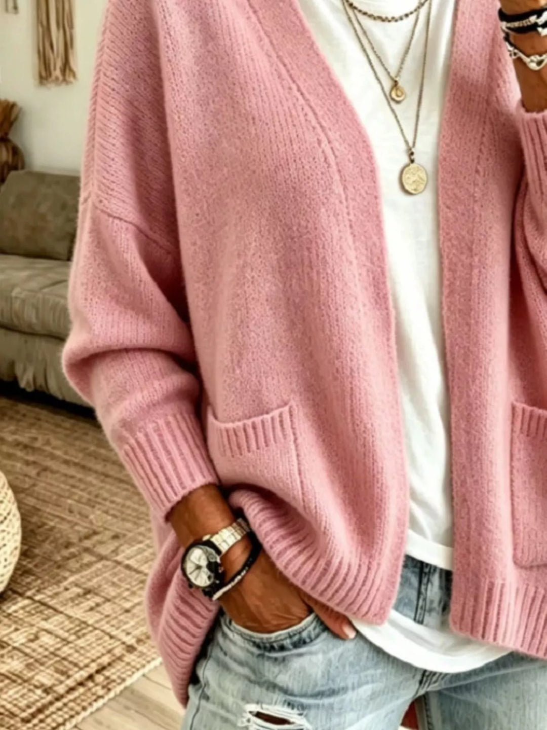 Open front knit cardigan with patch pockets and ribbed trim