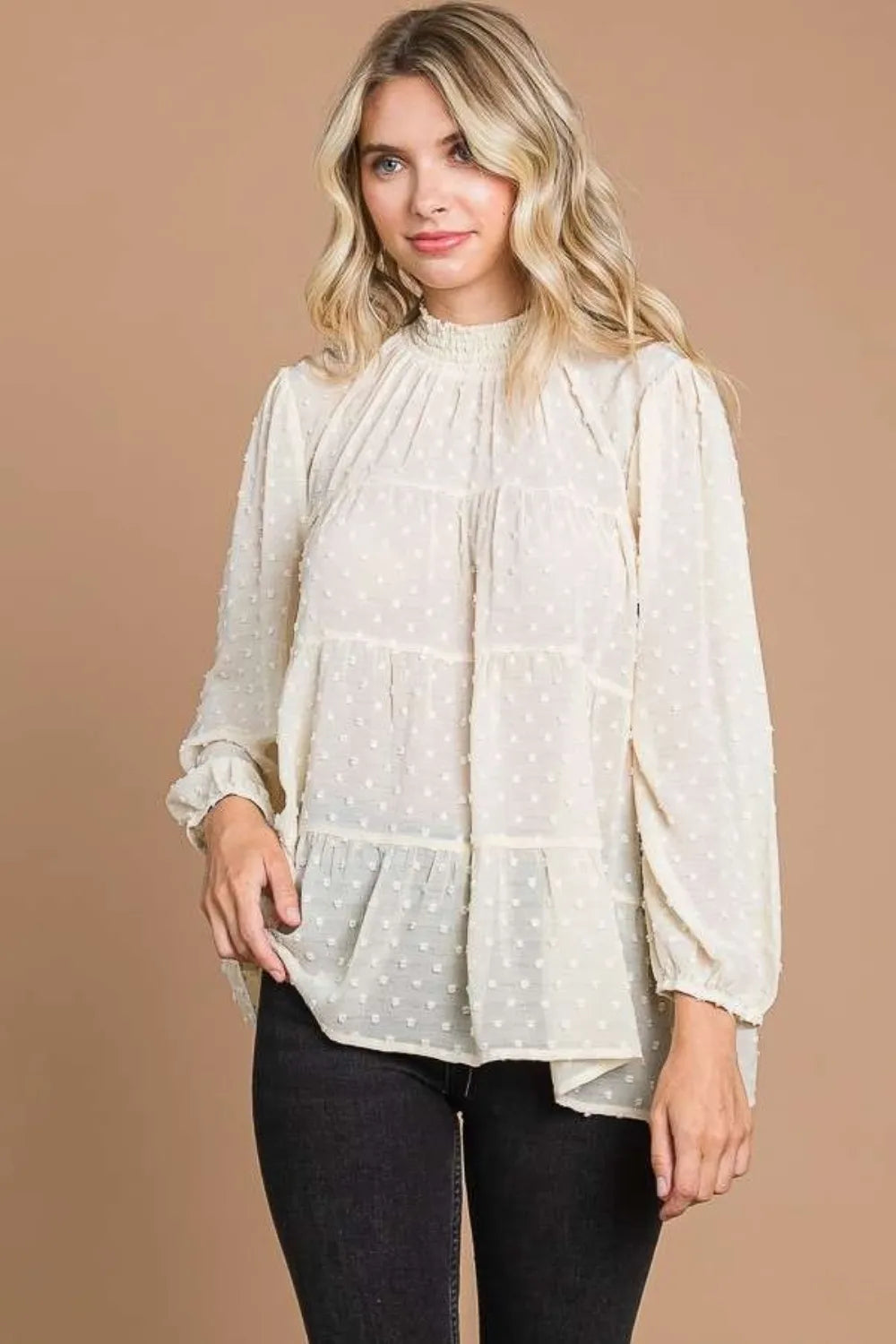 IVORY CREAM Swiss dot tiered blouse with smocked mock neck