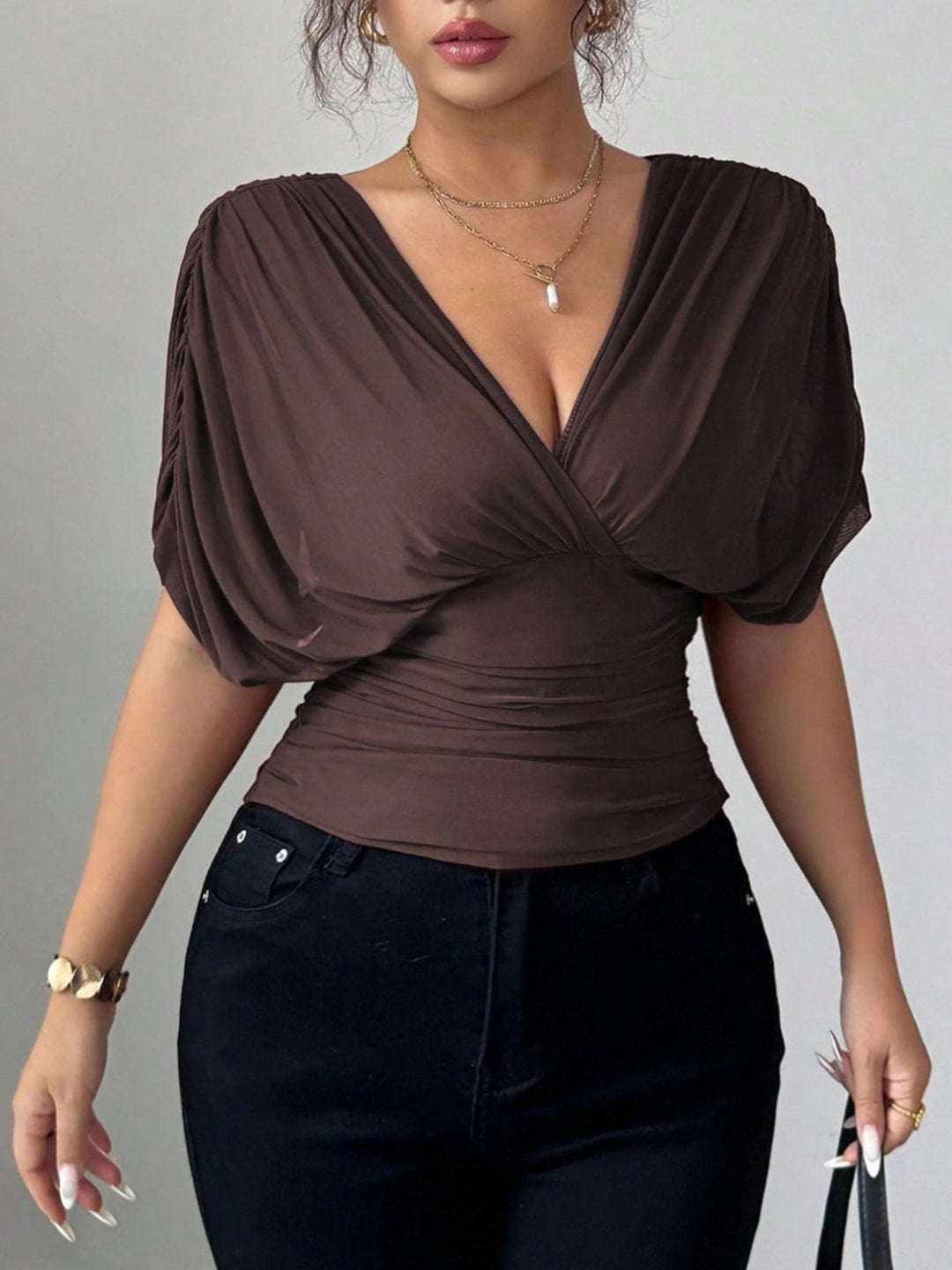 Brown Ruched surplice wrap top with short dolman sleeves