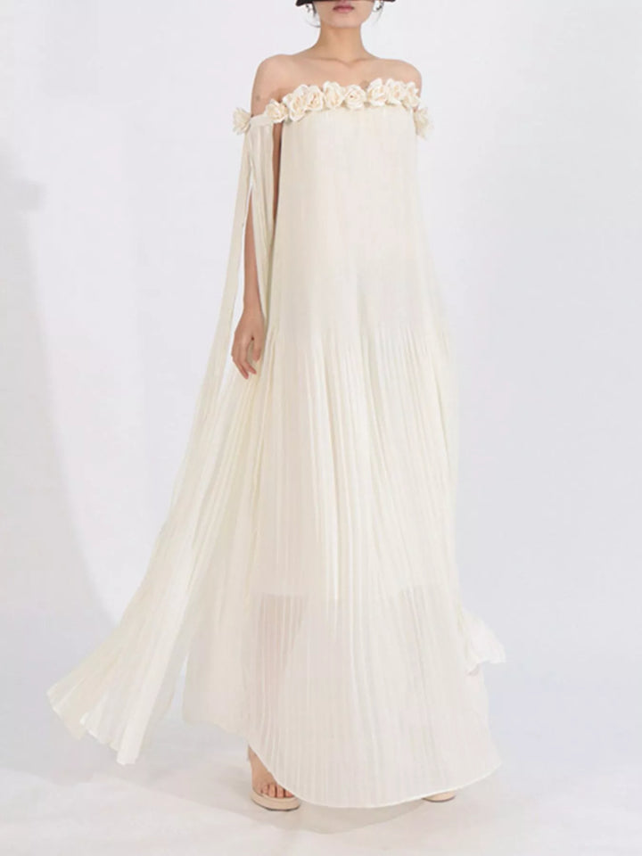 Off-shoulder pleated maxi dress with rosette neckline