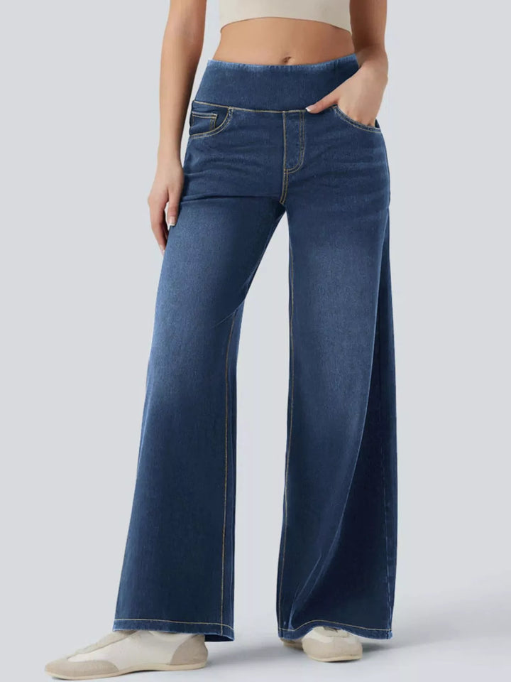 High-rise pull-on wide leg jeans with side pockets