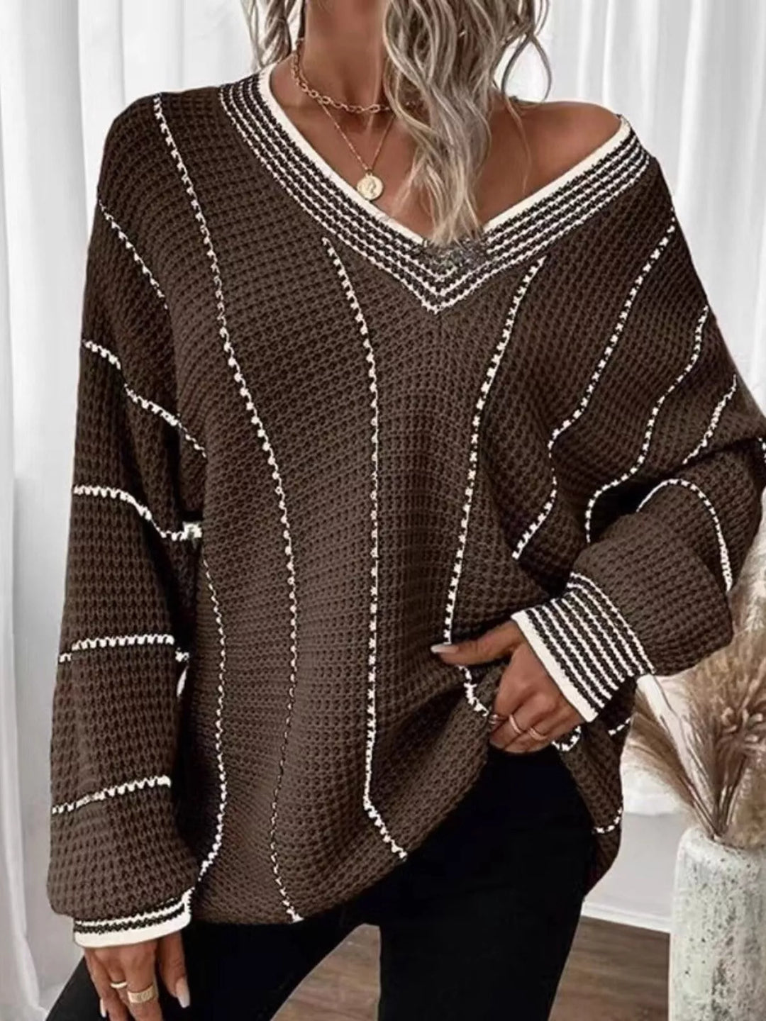Brown Waffle knit V-neck sweater with contrast stripe trim