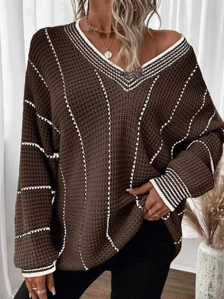 Brown Waffle knit V-neck sweater with contrast stripe trim