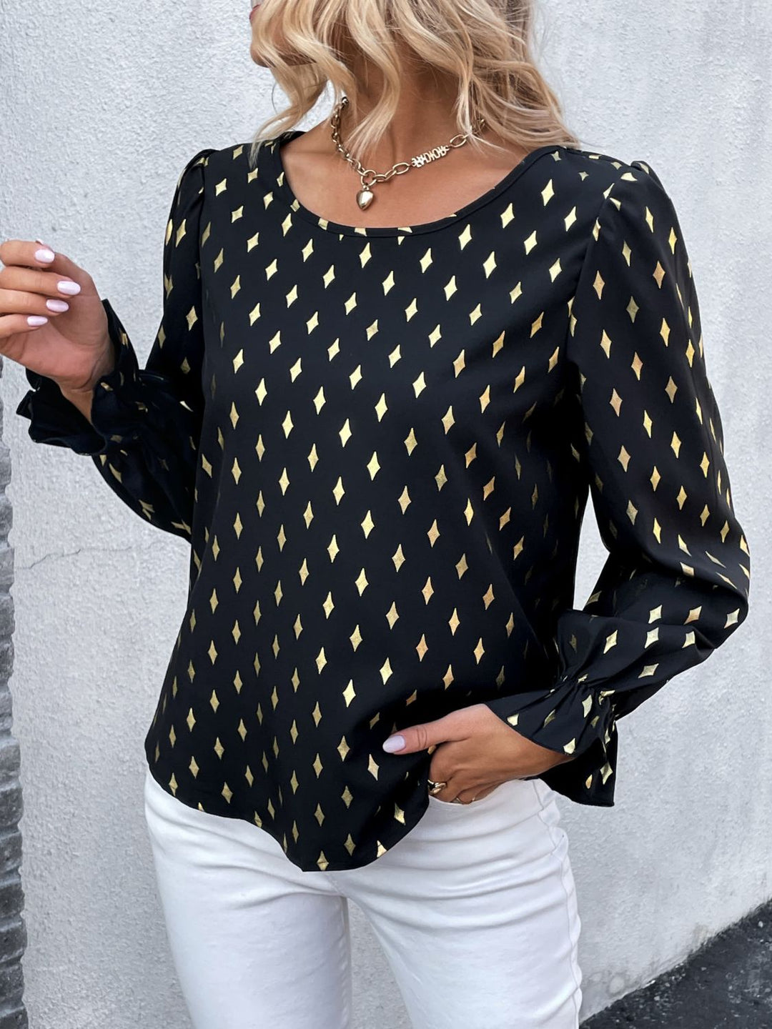 Metallic gold geometric print flounce sleeve blouse