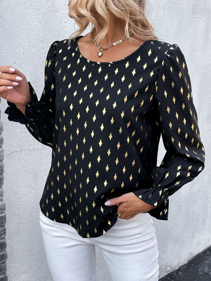 Metallic gold geometric print flounce sleeve blouse