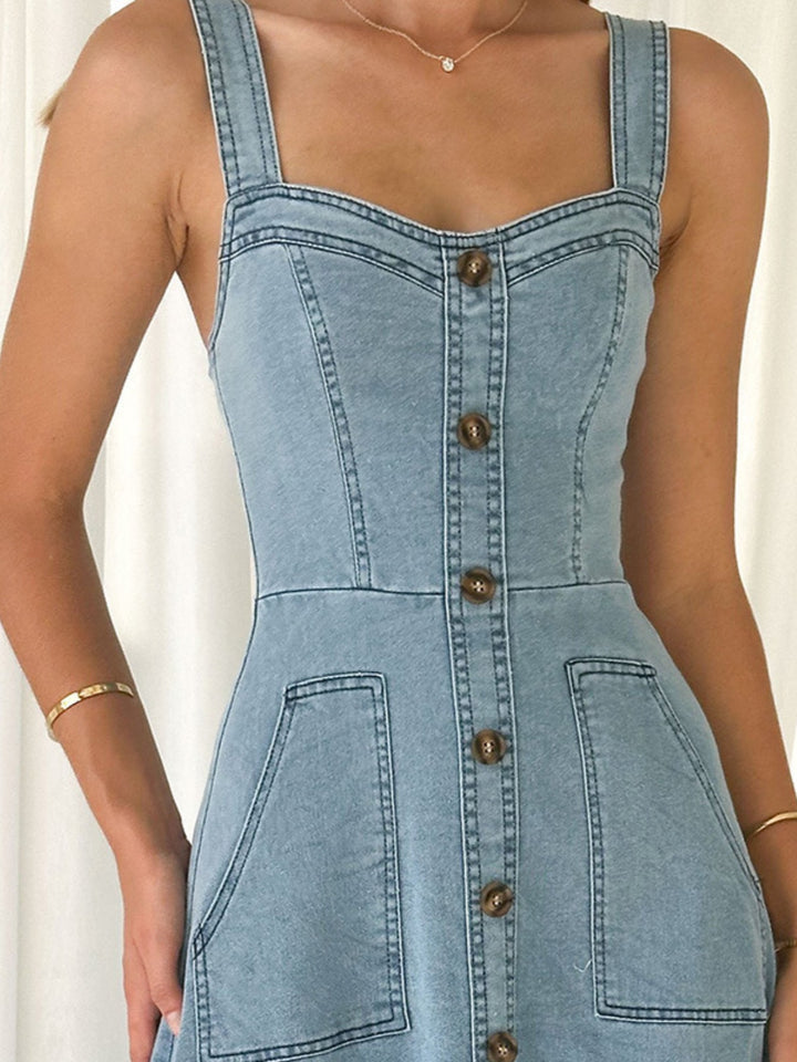Sleeveless button-front A-line denim maxi dress
