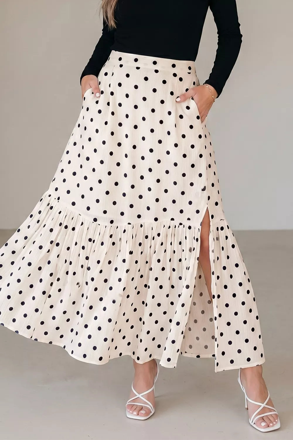 Beige Polka dot ruffled maxi skirt with side slit and pockets