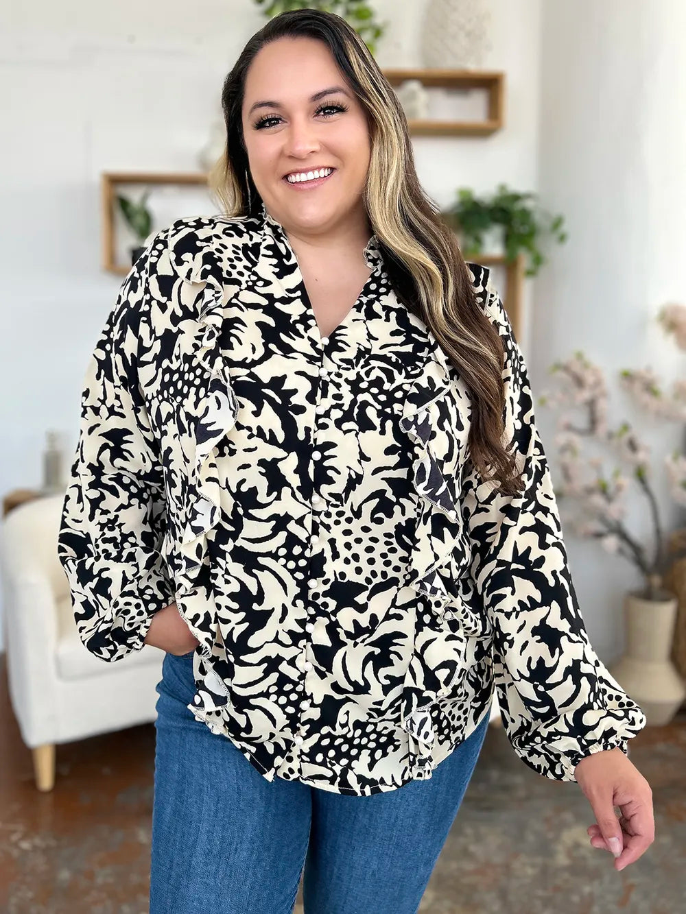 Printed balloon sleeve button-down shirt with ruffle trim