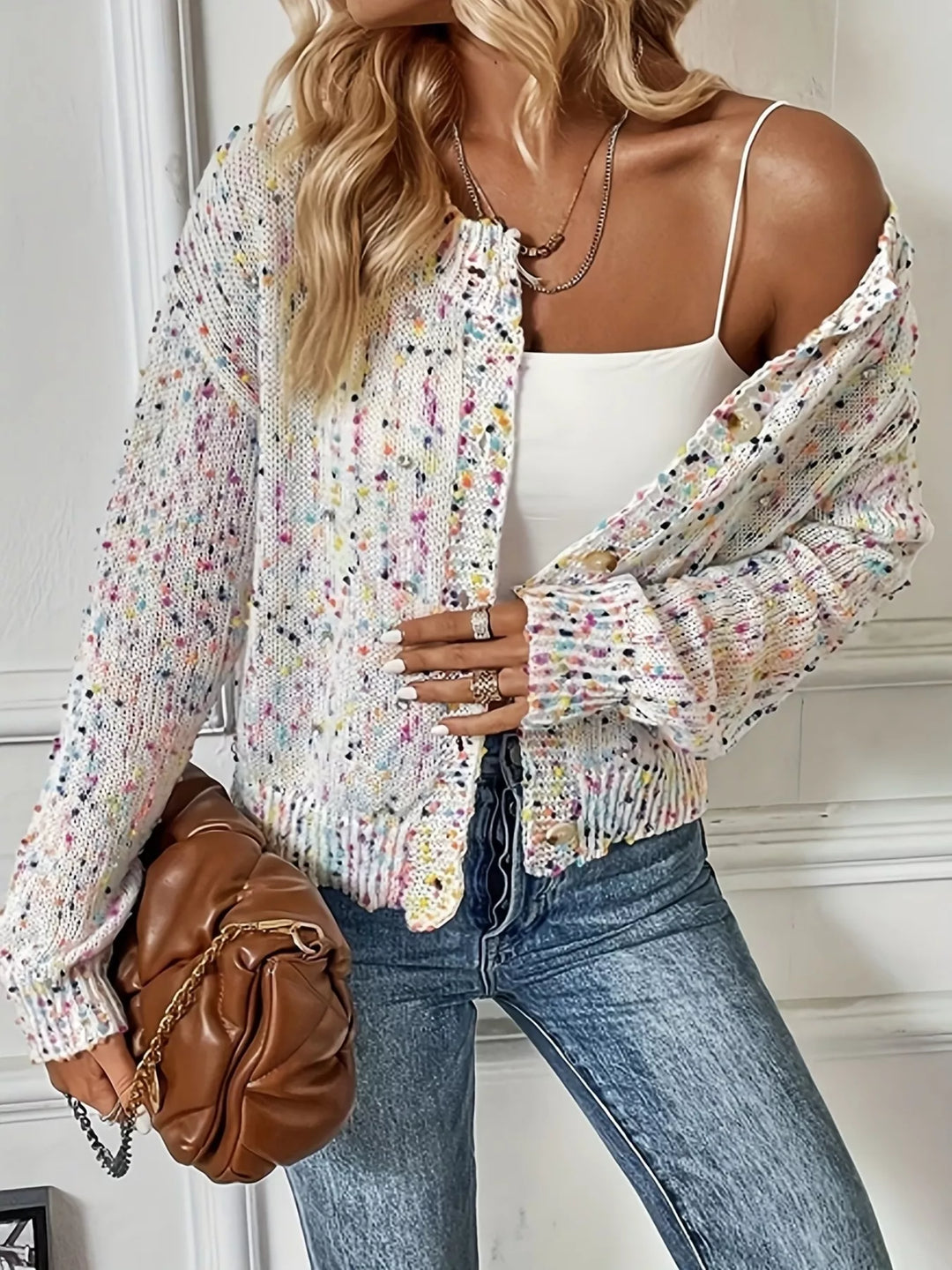 Speckled boucle knit button-front collared cardigan