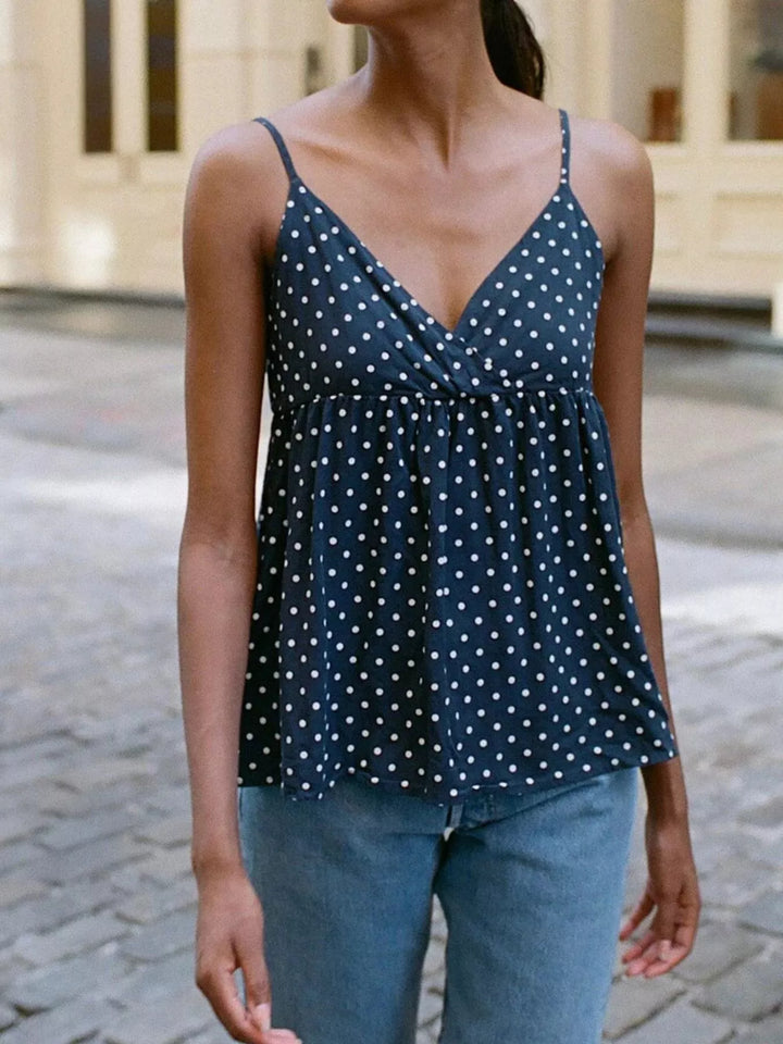 Dark Blue Polka dot v-neck babydoll cami with twist front
