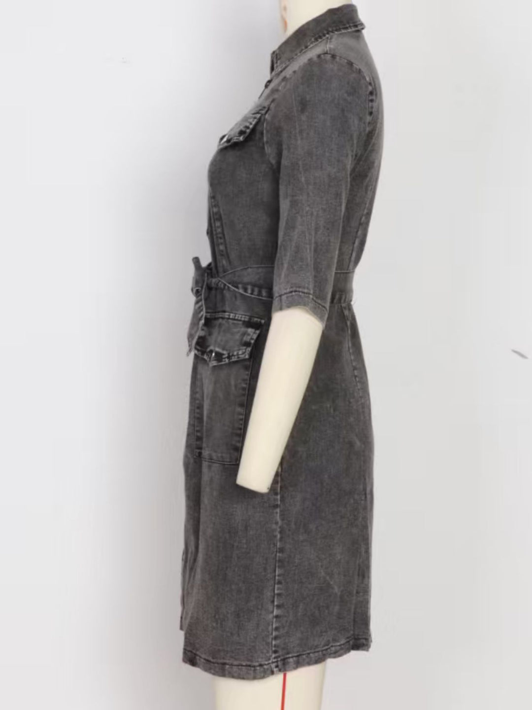 Zip-front tie-waist short sleeve denim mini dress