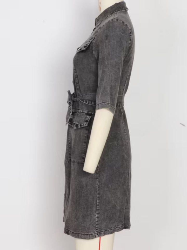 Zip-front tie-waist short sleeve denim mini dress