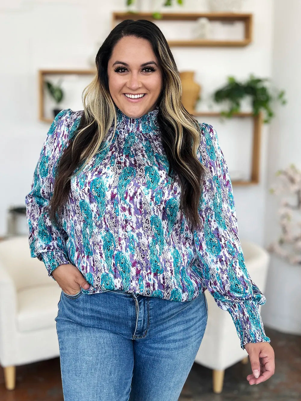 Printed smocked frill mock neck long sleeve blouse
