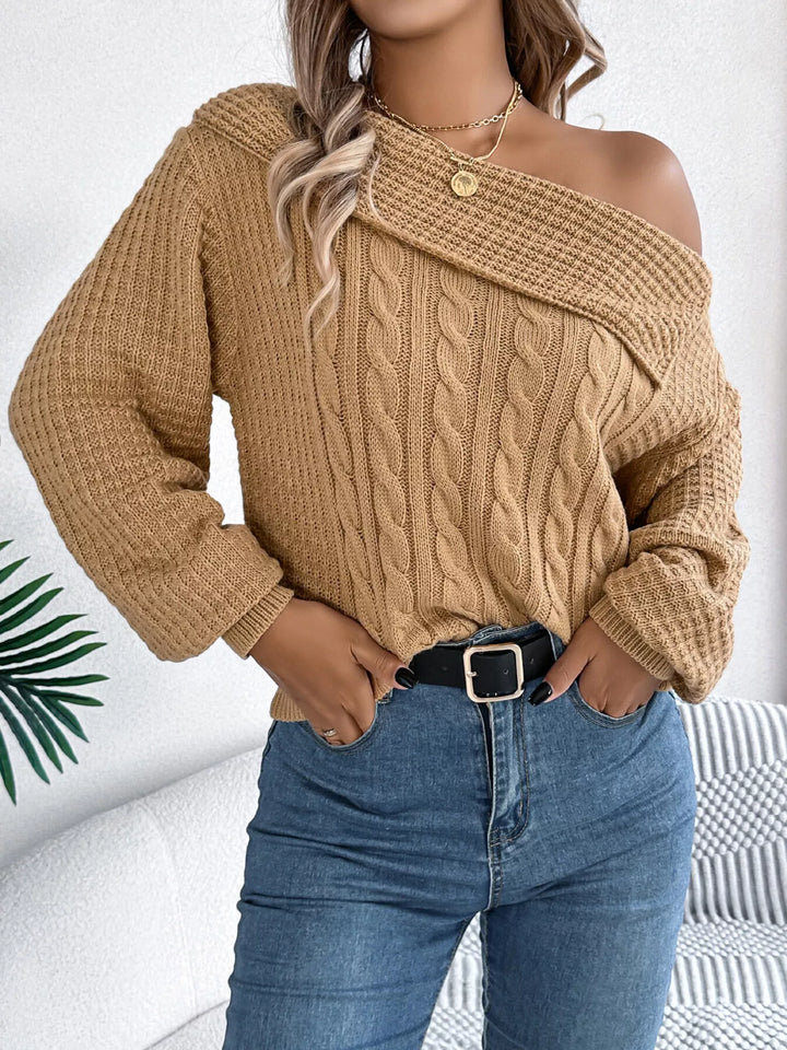 Cable knit one-shoulder sweater with fold-over ribbed collar