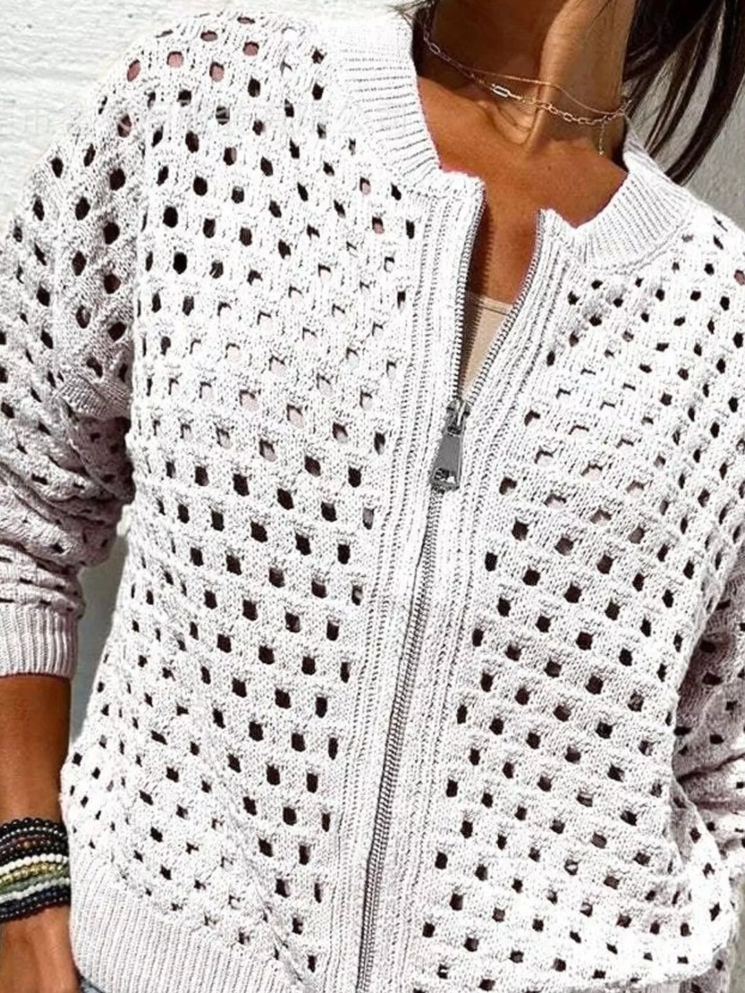 White Open-knit zip-up bomber cardigan with ribbed trim