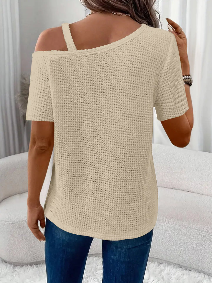 One-shoulder waffle knit top with chain-link strap detail