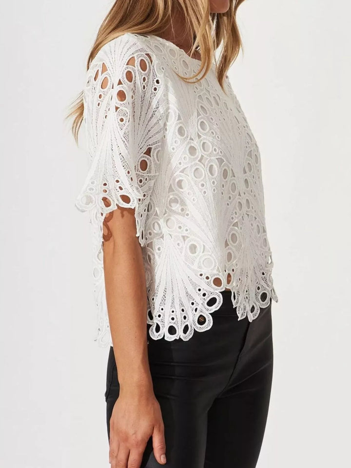 Geometric eyelet lace blouse with scalloped hem