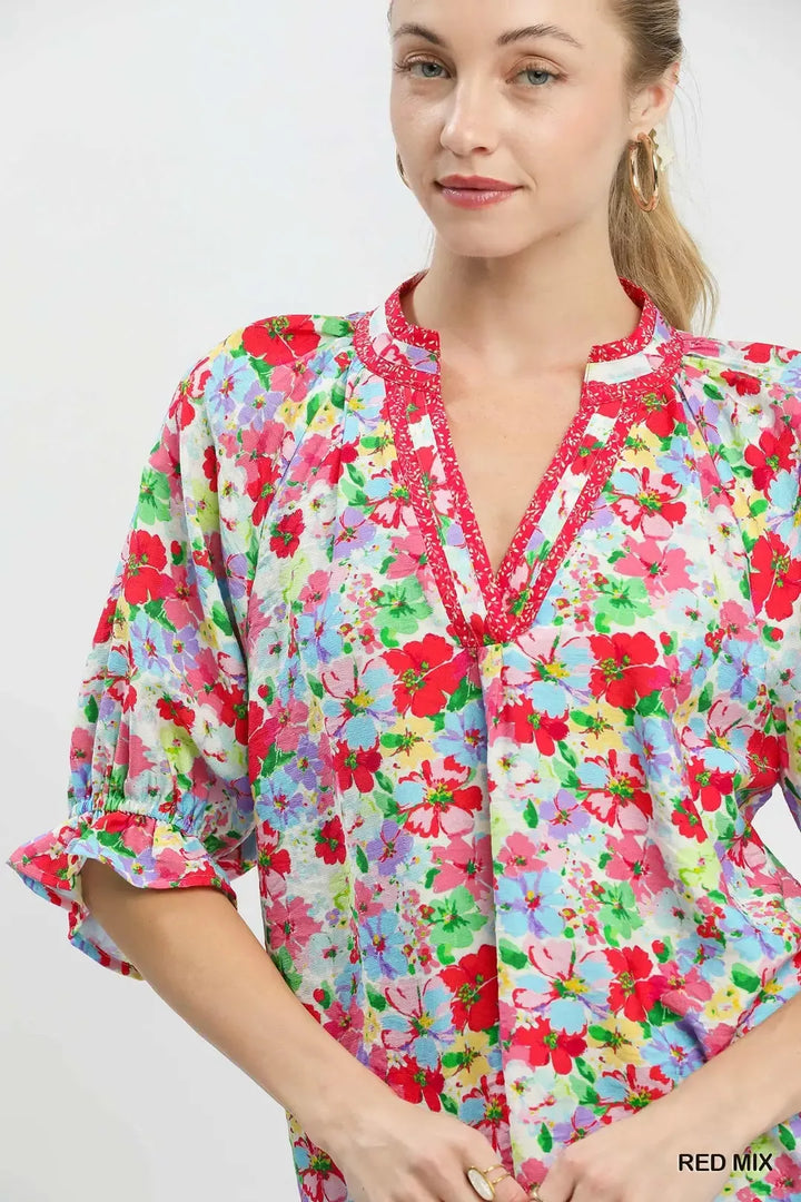 Mixed floral ruffle-sleeve top with split V-neck