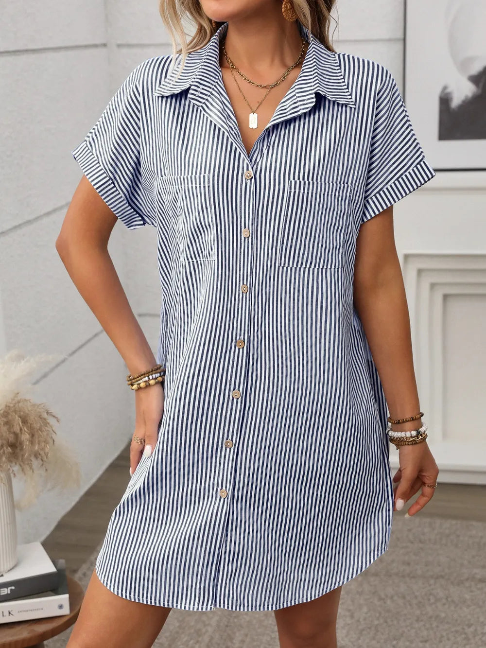 Striped button-down short sleeve mini shirt dress