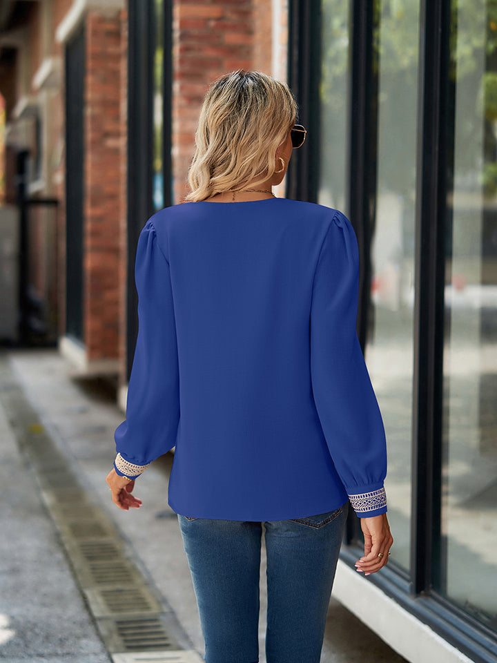 Crochet lace-trim V-neck long sleeve blouse