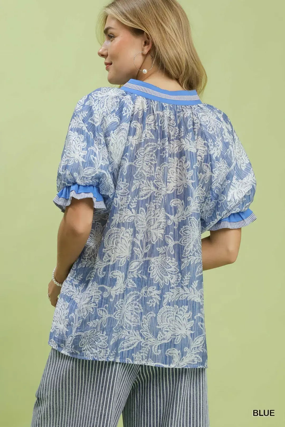 Floral print puff sleeve top with striped contrast trim