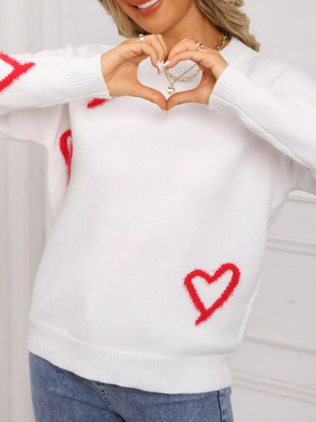 Fuzzy heart crew neck sweater with ribbed trim