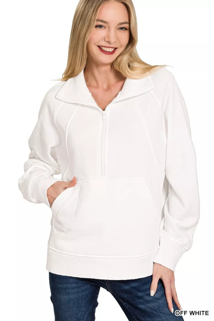 OFF WHITE Ribbed half-zip fleece pullover with kangaroo pocket